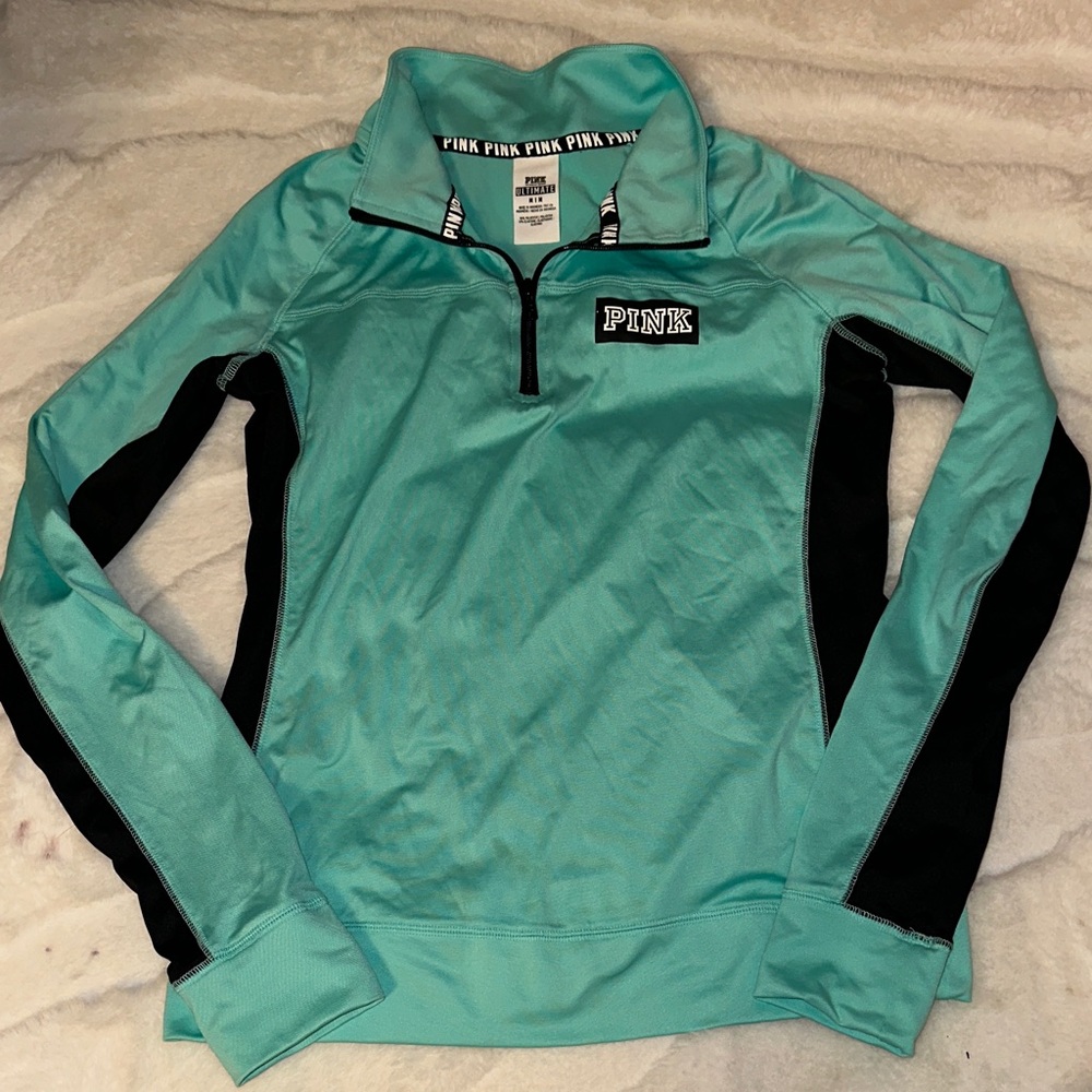 NEW VICTORIA’S SECRET PINK 1/4 ZIP PULLOVER BLACK LIGHT TURQUOISE MEDIUM